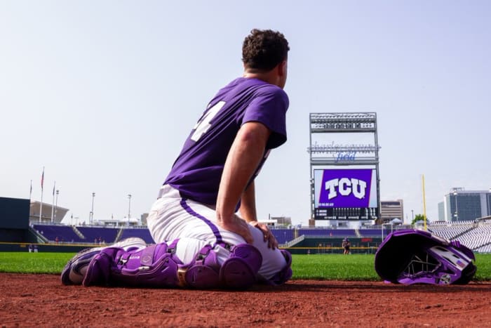 TCU catcher Karson Bowen on practice day at the 2023 Men's College World Series in Omaha